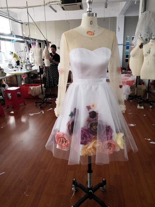 Chic A-line V neck Hand-Made Flower Homecoming Dresses Unique Short Dress Long Sleeve Homecoming Dresses cg108