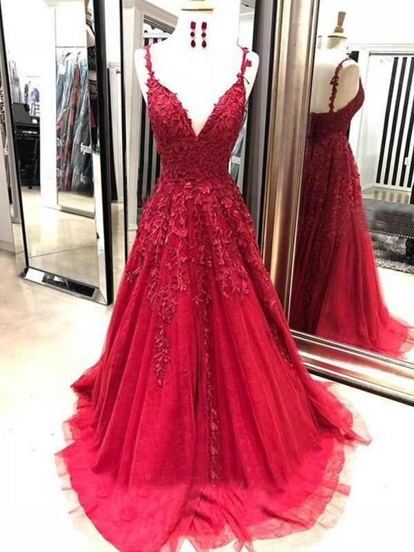 A-line long prom dress, red lace long prom dress cg12615
