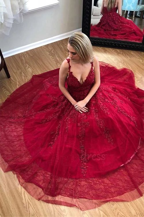 A-line long prom dress, red lace long prom dress cg12615
