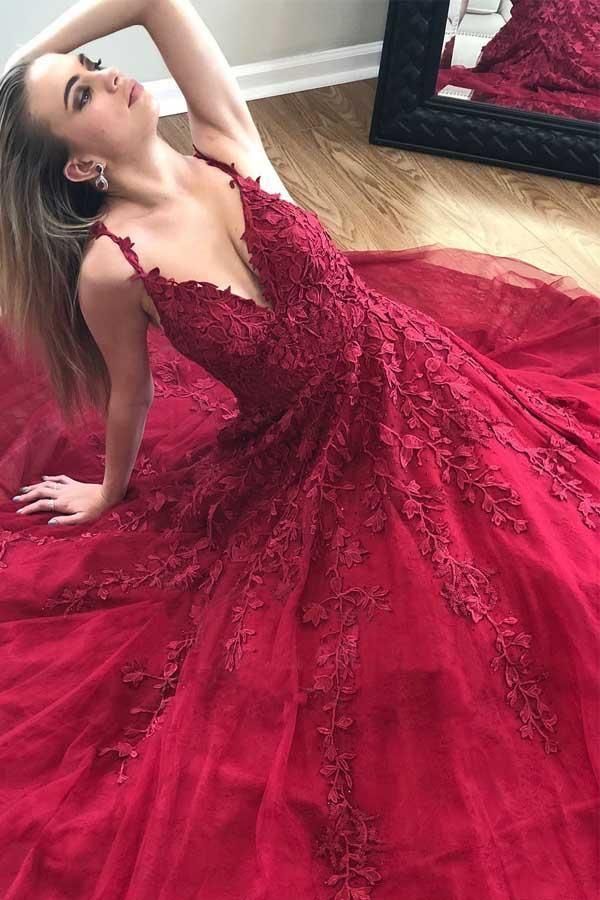 A-line long prom dress, red lace long prom dress cg12615