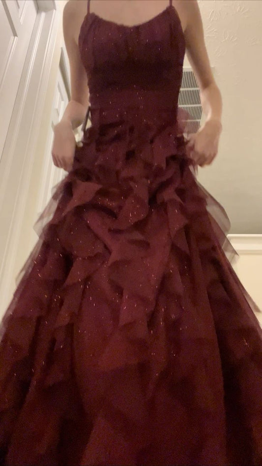 Spaghettiträger Sexy Ballkleid Burgund Tüll Lange Abendkleider cg25340