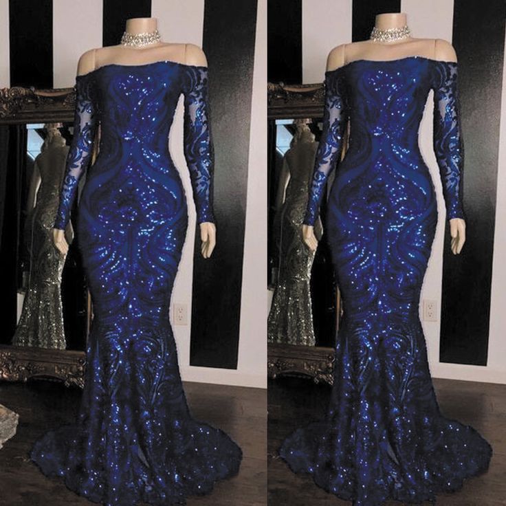 Glitzernde Pailletten Meerjungfrau Ballkleider Königsblau Langarm Abschlussball Abendkleid Abendkleider cg7945