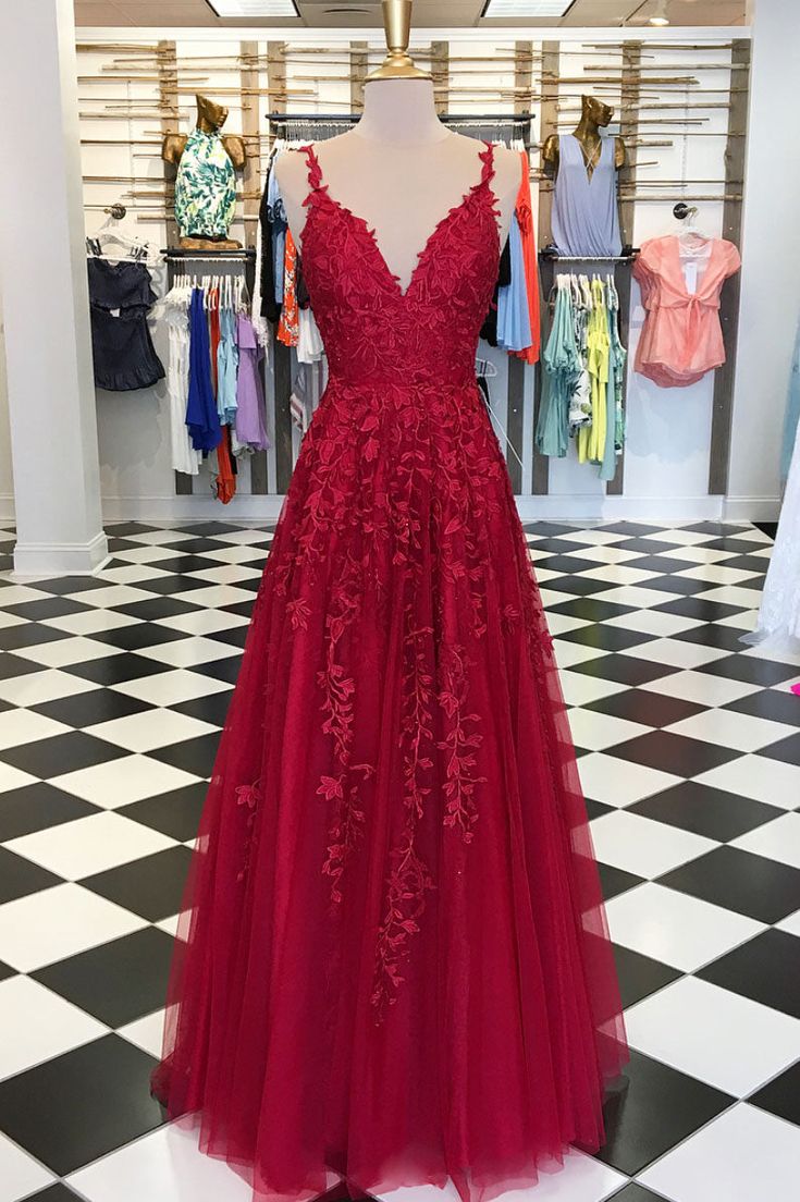 A-line long prom dress, red lace long prom dress cg12615