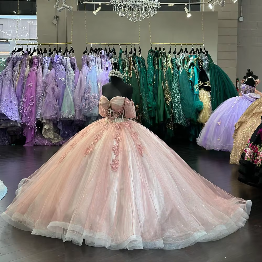 Glitter Pink Off the Shoulder Quinceanera Dresses Ball Gown Prom Dress Crystal Appliques Lace Tull Sweet 16 Vestidos 15 De XV Anos cg25059