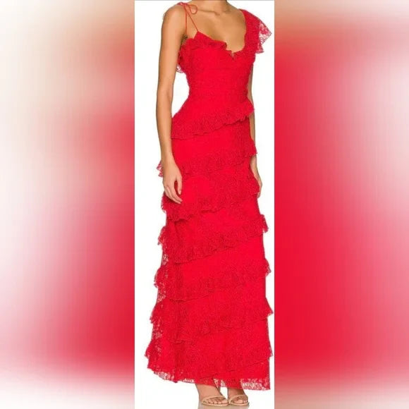 A-Linie Langes Ballkleid aus roter Spitze cg24898