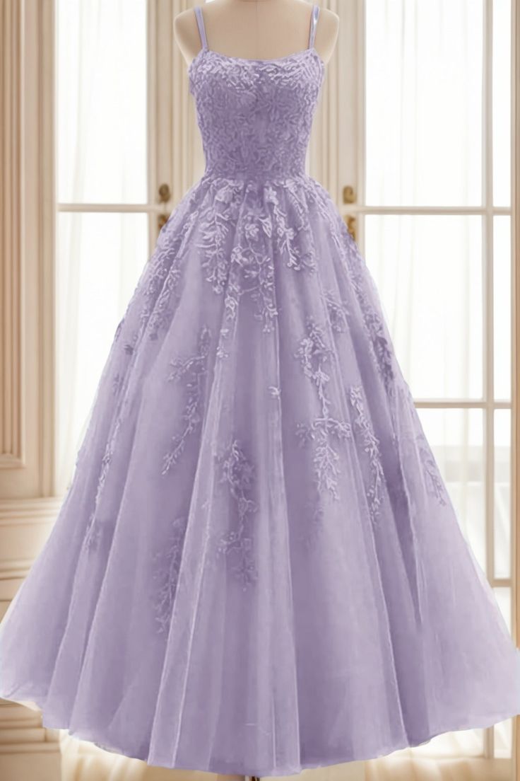 A-line V Neck Spaghetti Straps Long Lace Tulle Prom Dress cg25267