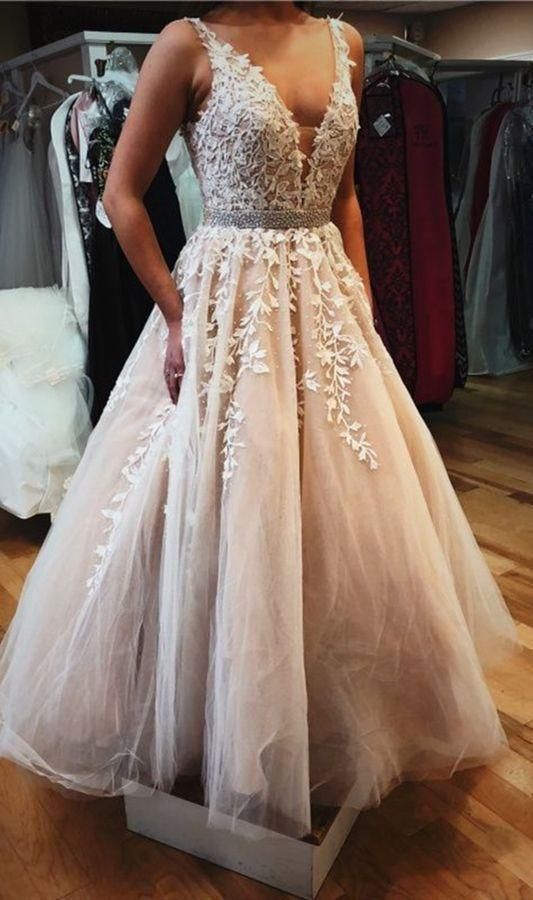 A-Line V-Neck Champagne Tulle Prom Dress with Beading Appliques cg6020