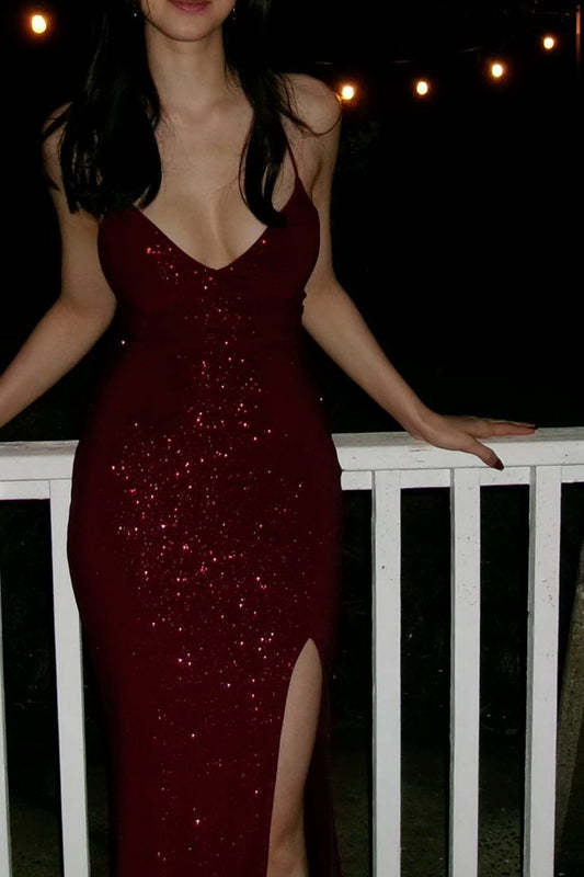 Burgunder Pailletten Sexy Spaghettiträger Langes Abendkleid Party Ballkleid cg25248
