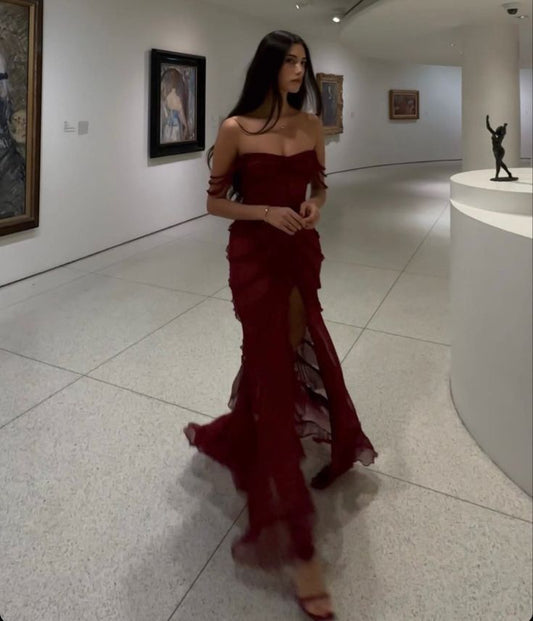 Sexy Burgund Chiffon Langes Ballkleid Abendkleid cg25244