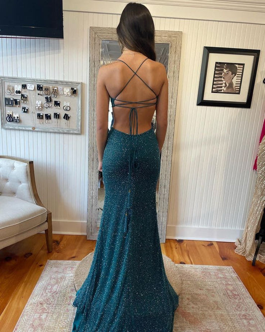 Glitzerndes Meerjungfrauen-Ballkleid mit Schnürung am Rücken, Winter-Tanzkleid cg25208