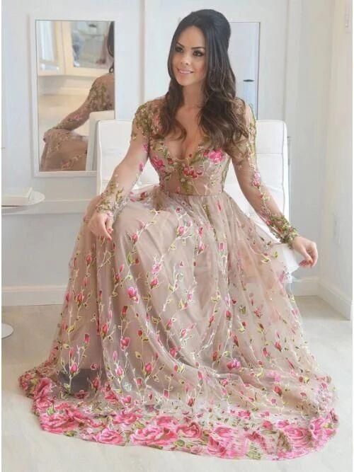 A-Line V-Neck Tulle Prom Dress With Sleeves cg1774