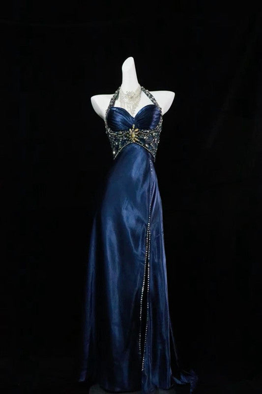 Marineblaues Neckholder-Ballkleid mit Perlenbesatz, langes Abendkleid, cg25264