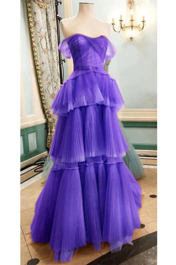 Off The Shoulder Tulle Tiered Long Prom Dress, A Line Evening Gown cg24857