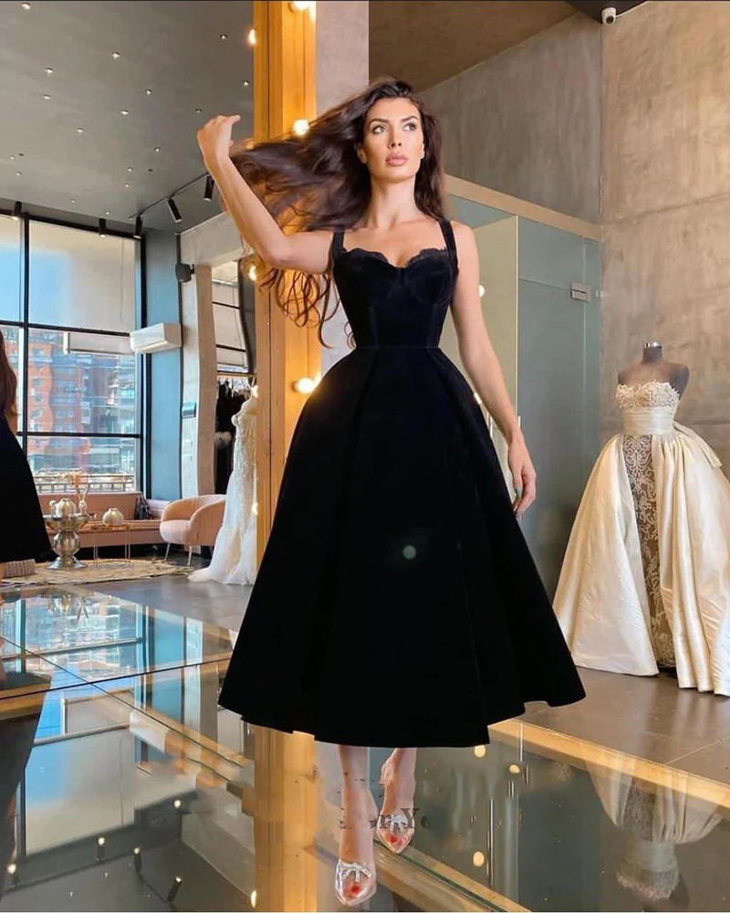 Black sweetheart velvet prom dress tea length black evening dress cg15353