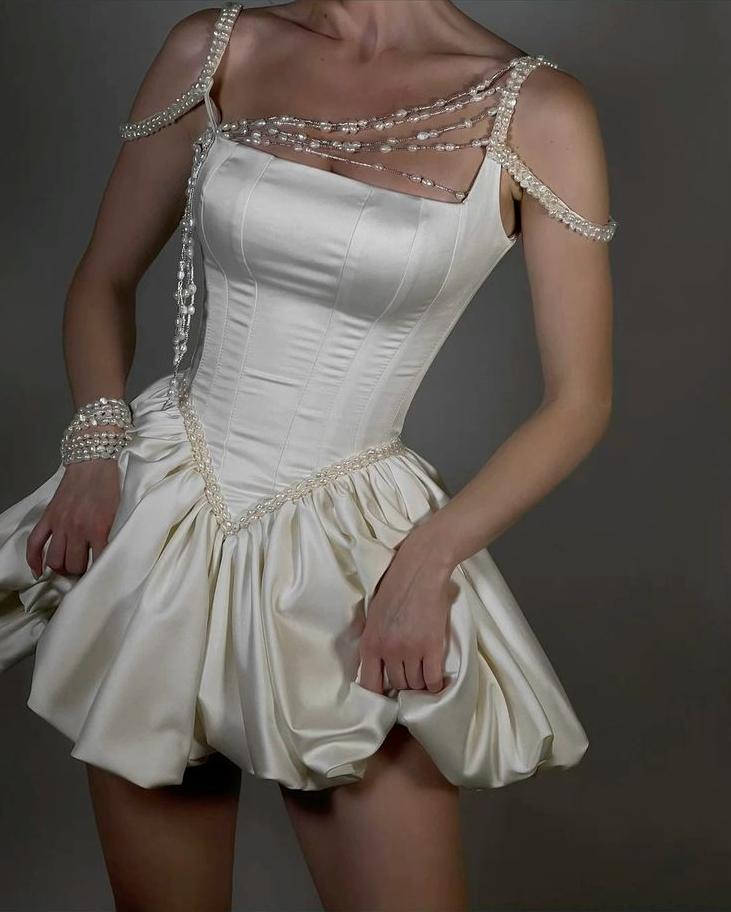 Ivory A-Line Pearl Satin Homecoming Dress Mini Prom Bridal Dress cg25964