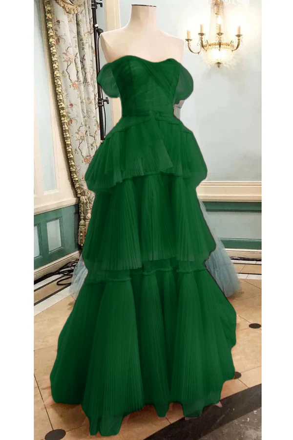 Off The Shoulder Tulle Tiered Long Prom Dress, A Line Evening Gown cg24857
