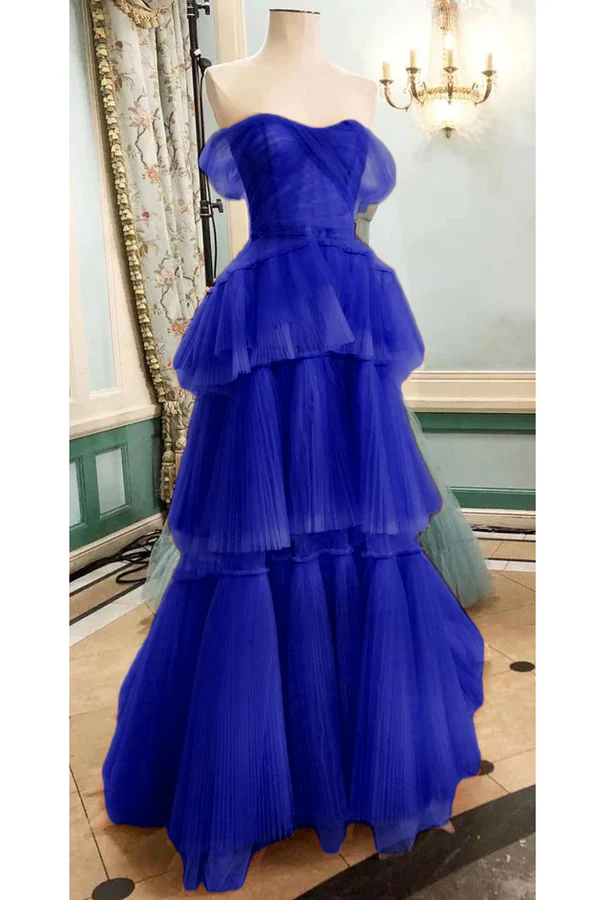 Off The Shoulder Tulle Tiered Long Prom Dress, A Line Evening Gown cg24857