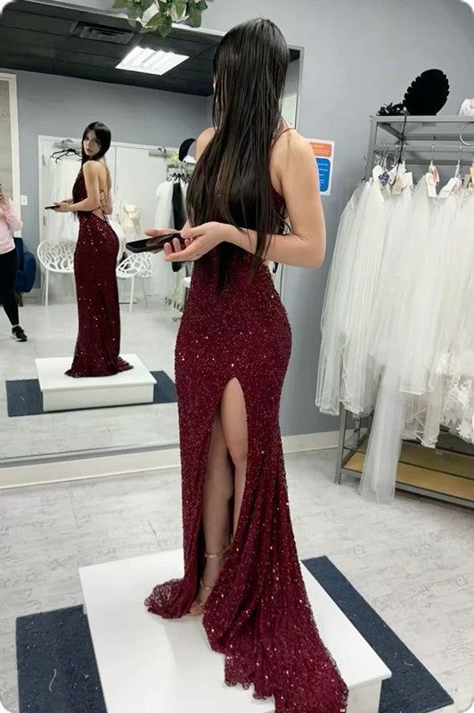 Sexy Meerjungfrau Spaghettiträger Burgund Pailletten Ballkleider Partykleid cg25274