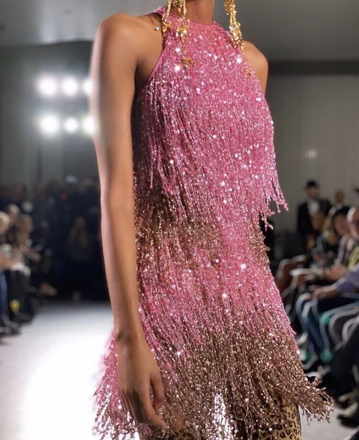 Glitter Halter Pink Sequin Beaded Tassel Sheath Short Prom Dress Formal Graduation Homecoming Dress cg26137