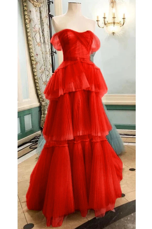 Off The Shoulder Tulle Tiered Long Prom Dress, A Line Evening Gown cg24857