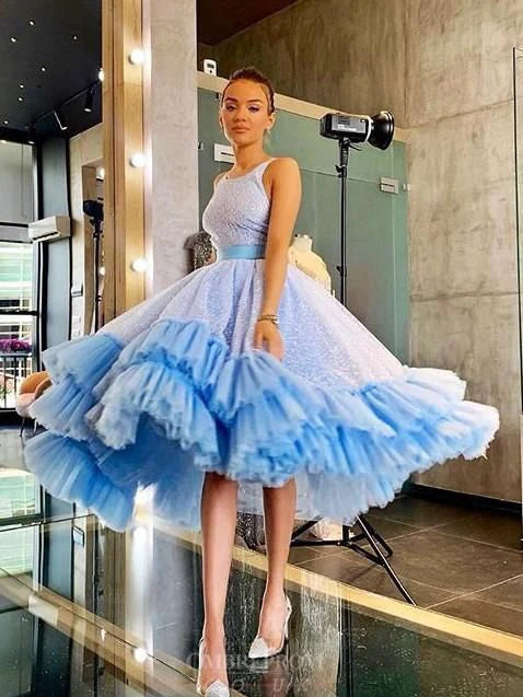 Sparkly Light Blue Bateau Ball Gown Short Backless Prom Dress cg7761