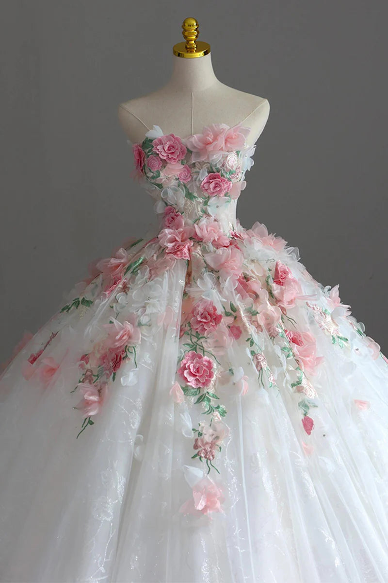 Flower Fairy White Lace Appliques Flower Wedding Dress 2025 Ball Gown Strapless Sleeveless Backless Court Train Wedding Dress cg25904