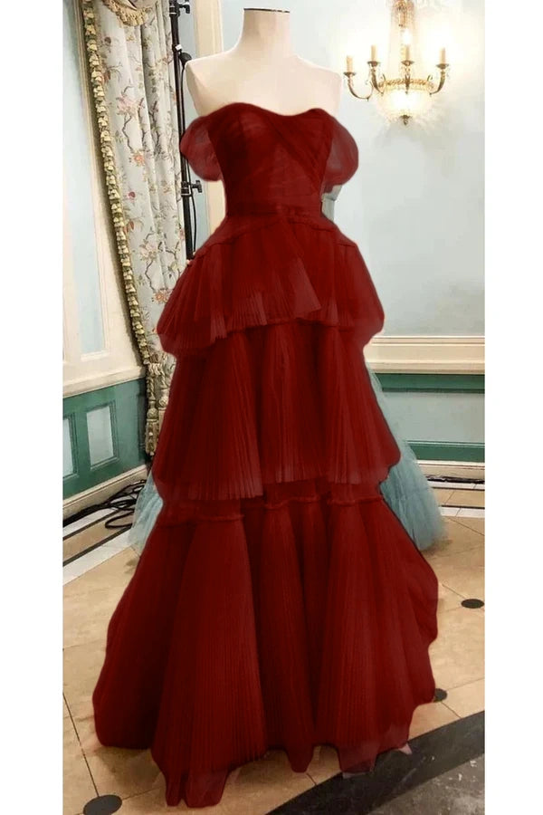 Off The Shoulder Tulle Tiered Long Prom Dress, A Line Evening Gown cg24857