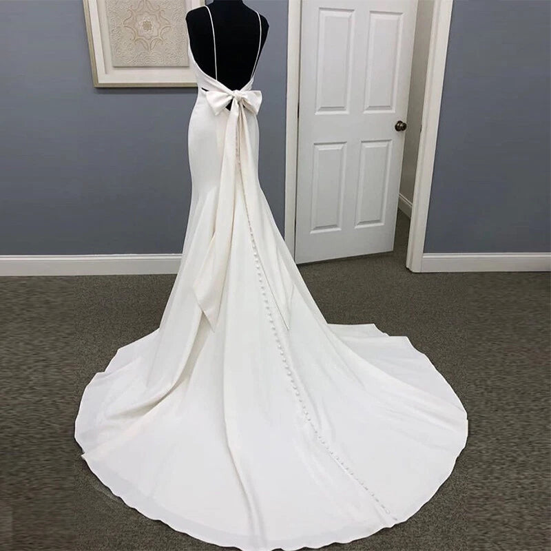 Ivory Satin Spaghetti Straps Open Back Sweet Train Wedding Dress, Formal Prom Dress cg5690