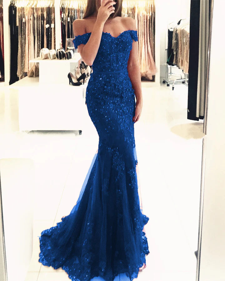 Purple lace mermaid evening dress off the shouler prom gowns with pearl beaded cg14038