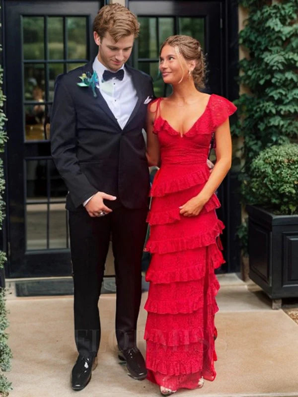 A-Linie Langes Ballkleid aus roter Spitze cg24898