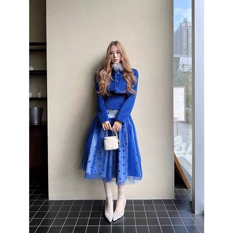 Blue polka dot skirt suit G115