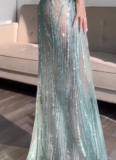 Pretty Mermaid Spaghetti Straps Sequin Green Long Prom Dresses Evening Dress cg26143