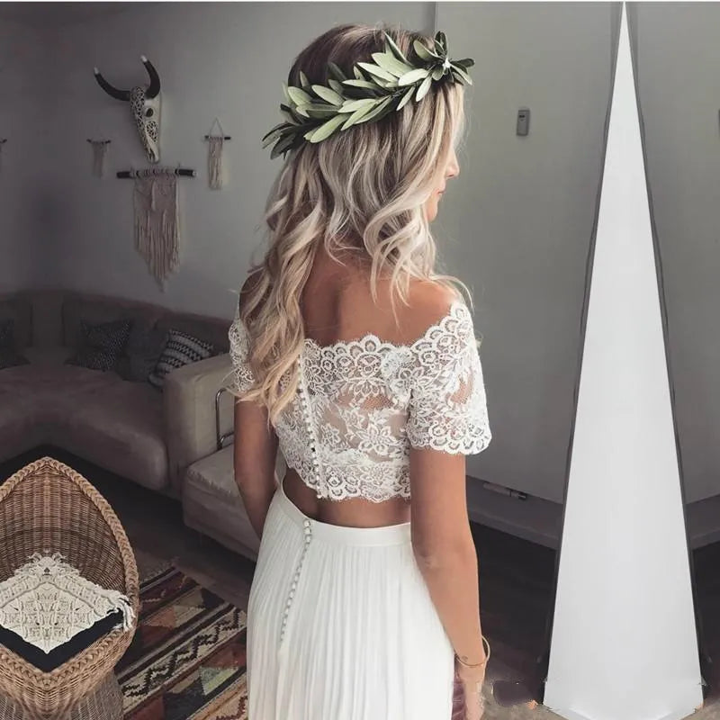 Boho Chic Lace Crop Chiffon Prom Dresses Two Piece Boho Wedding Dresses cg9947