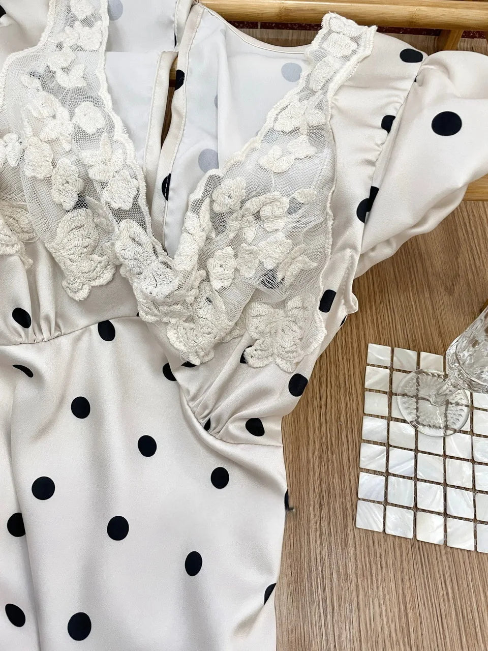 Lace Patchwork Satin Polka Dot A-Line Maxi Dress for Women Elegant Chic Birthday Party Outfit Evening Dress cg25820