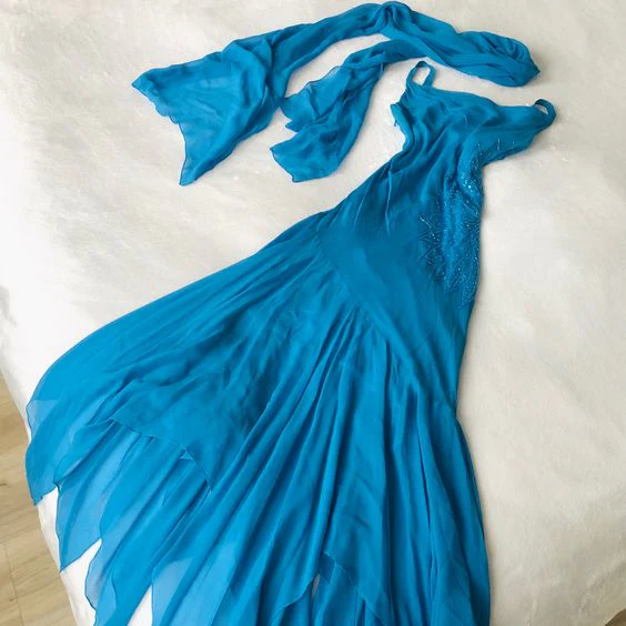 Mermaid Spaghetti Straps Blue Chiffon Long Prom Dresses Evening Dress cg26205