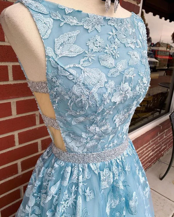 Blue lace long prom dress blue evening dress cg14828