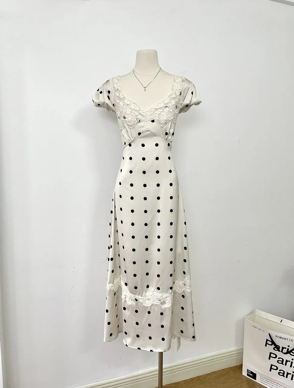 Lace Patchwork Satin Polka Dot A-Line Maxi Dress for Women Elegant Chic Birthday Party Outfit Evening Dress cg25820