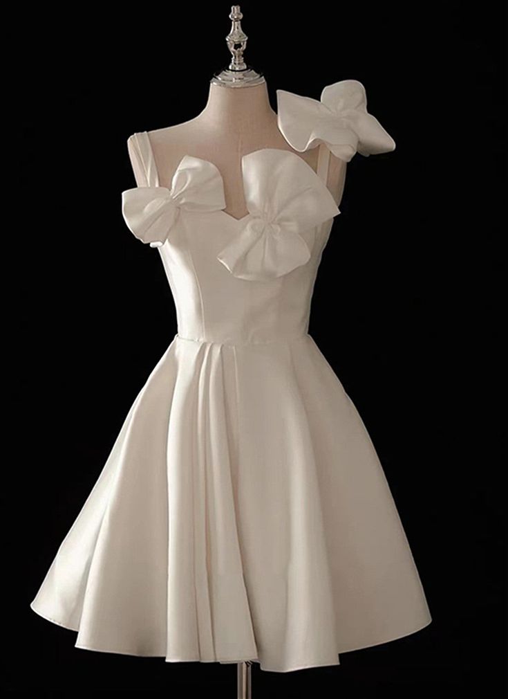 Cute Short White Satin Knee Length Party Dress with Bow, White Graduation Homecoming Dress cg25048