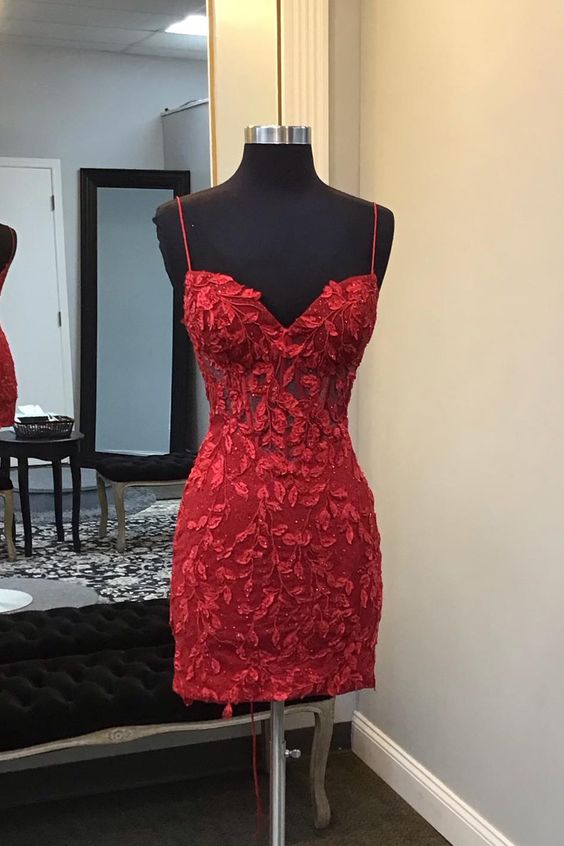 Dunkelrotes Homecoming-Kleid, Korsett-enges, kurzes Minikleid mit Applikationen cg25035