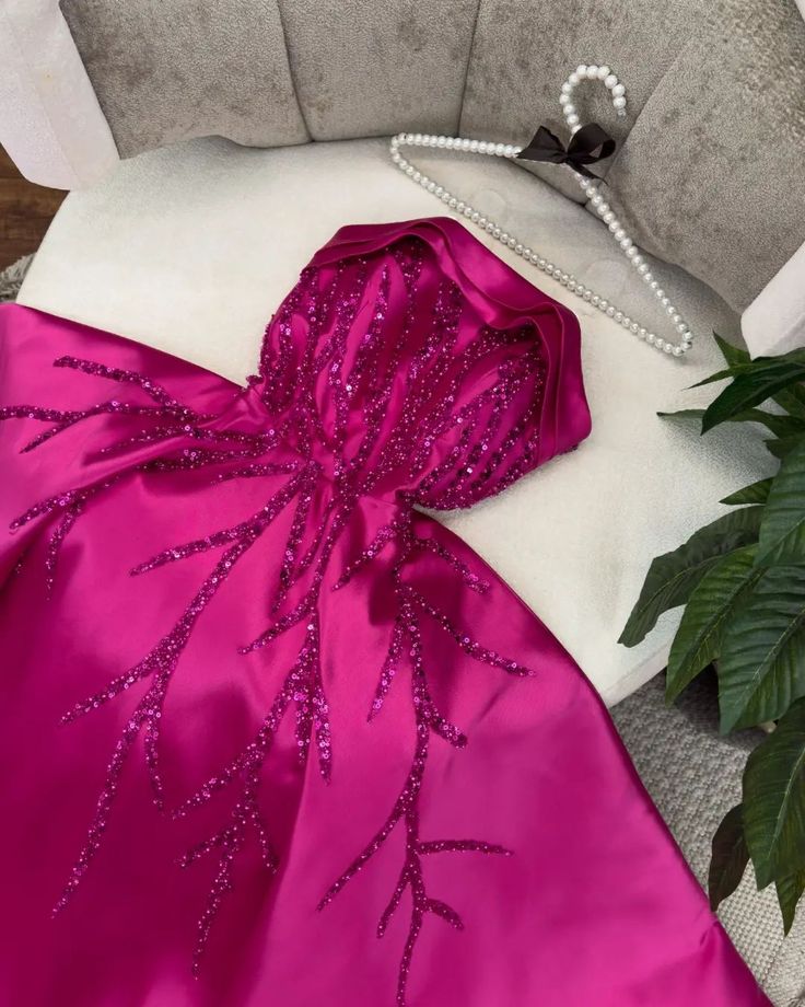 A Line Hot Pink Satin Sequin Long Party Dress Evening Dress Prom Dresses cg25679
