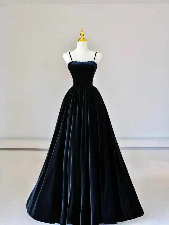 Spaghetti Strap Velvet Long Prom Dress with Pearls, Black Evening Dress Party Dress cg25041