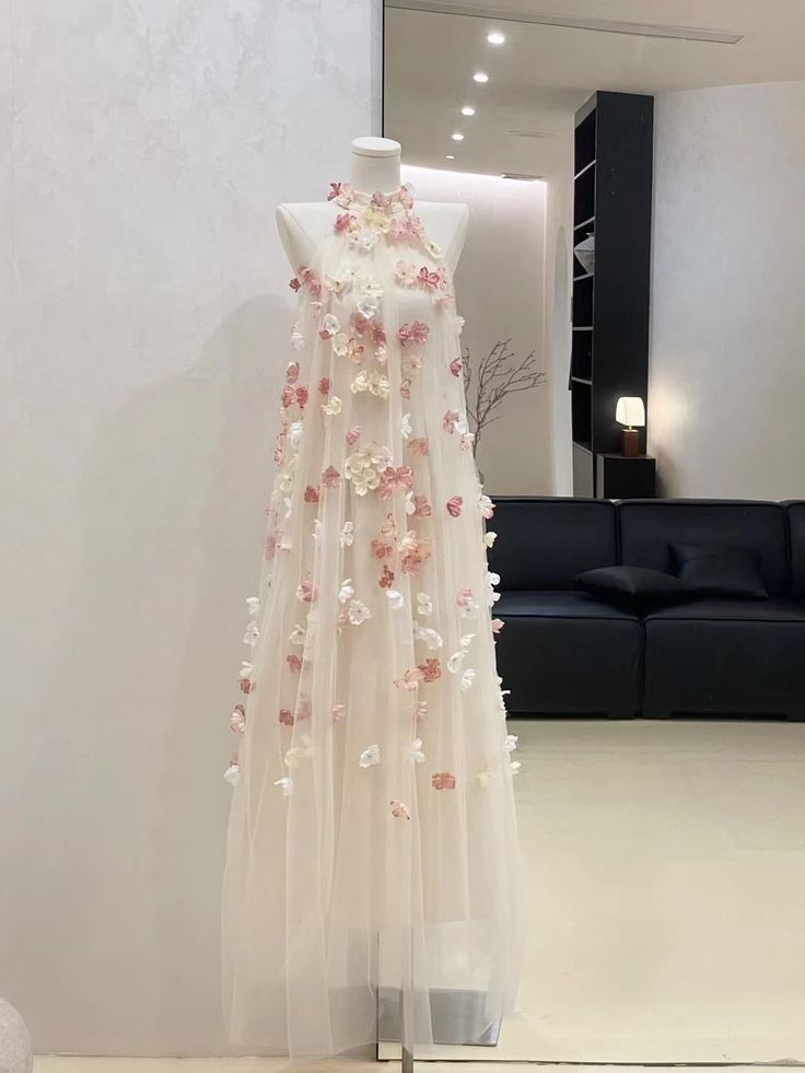 A Line Halter 3D Flowers Tulle Prom Dresses, Long Evening Dress Formal Dress cg25974