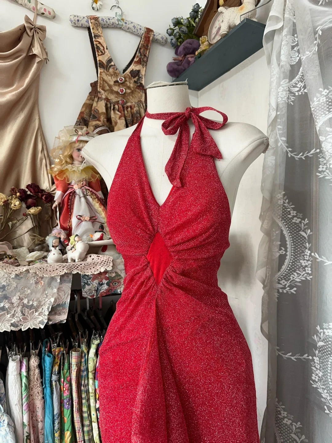 Red Halter Mermaid Vintage Evening Dresses, Sleeveless Party Gowns cg25494