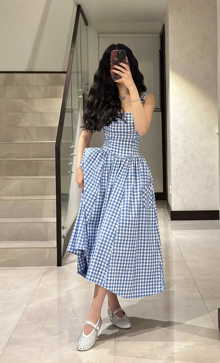 A-Line Blue and white plaid Prom Party Dresses Evening Dress cg25868