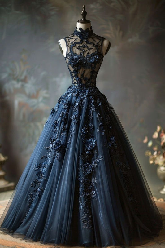 A-Linie Marineblau Tüll Stehkragen Langes Ballkleid Charmantes Abendkleid cg25368