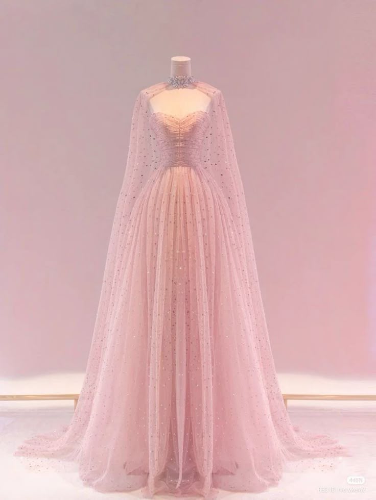 A Line Pink Tulle Sequin Evening Dress Prom Party Dress With Cape cg25644