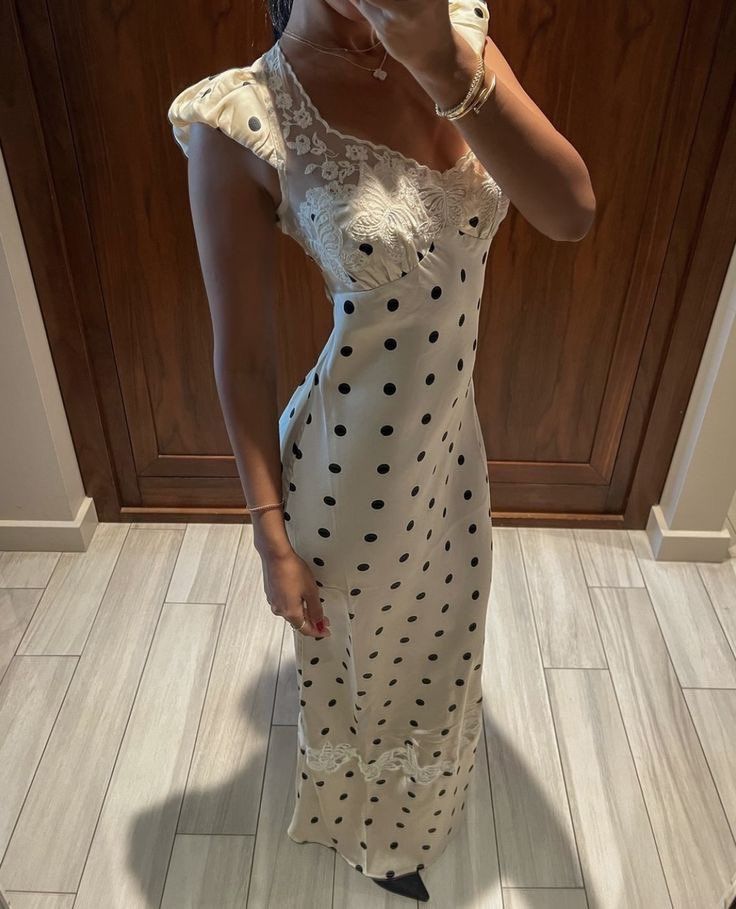 Lace Patchwork Satin Polka Dot A-Line Maxi Dress for Women Elegant Chic Birthday Party Outfit Evening Dress cg25820