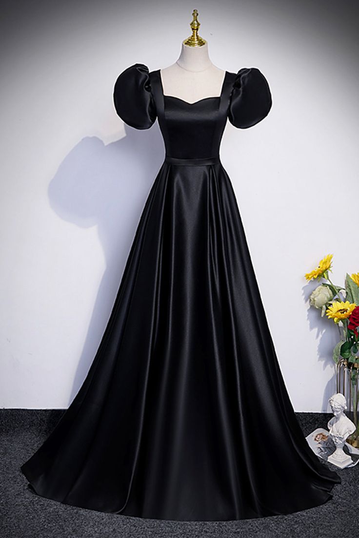 Black Satin Floor Length Prom Dress, Simple Black Short Sleeve Evening Dress cg25039