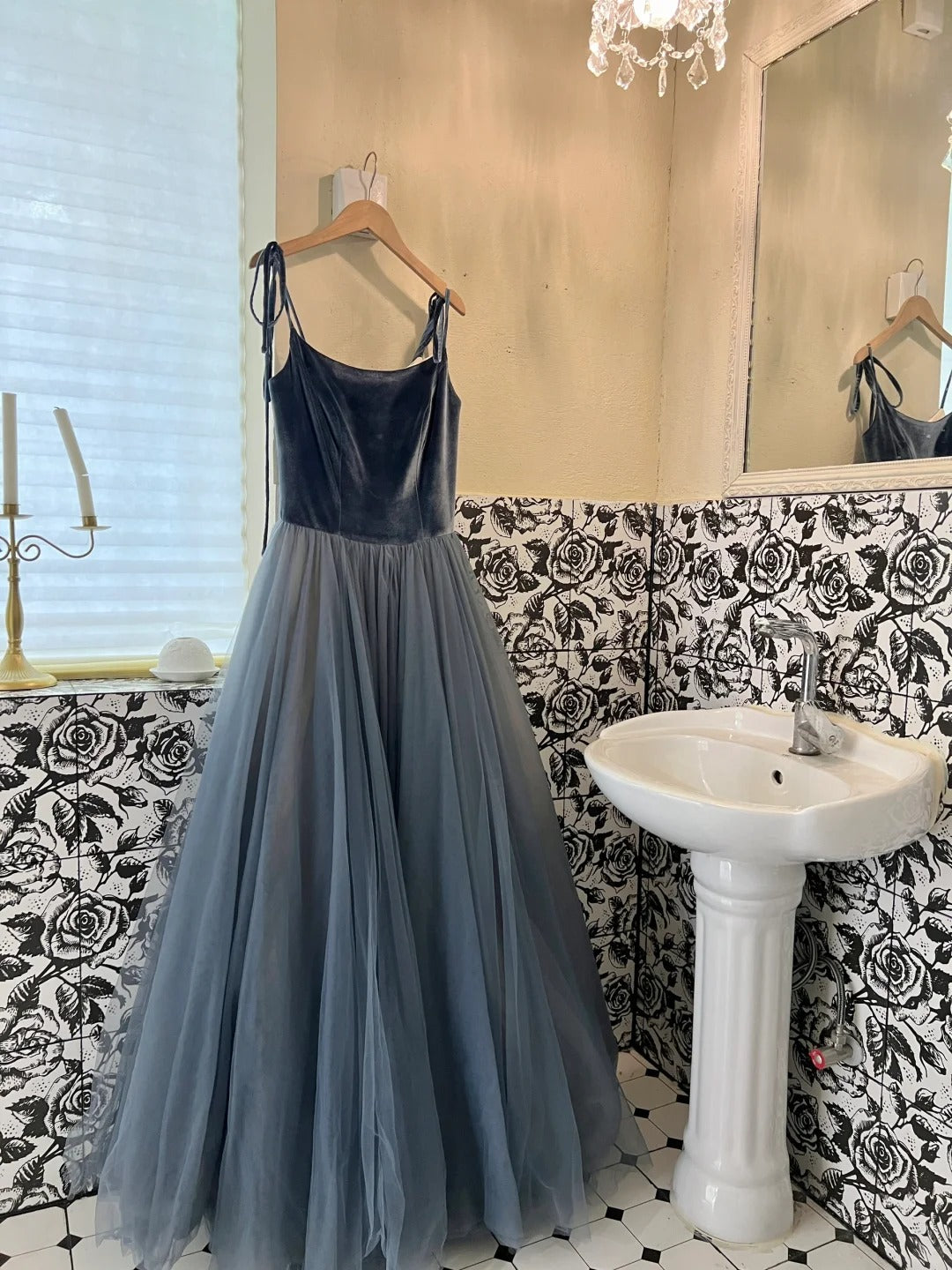 A Line Gray Tulle Princess Evening Dress for Girls Long Party Gowns cg25782