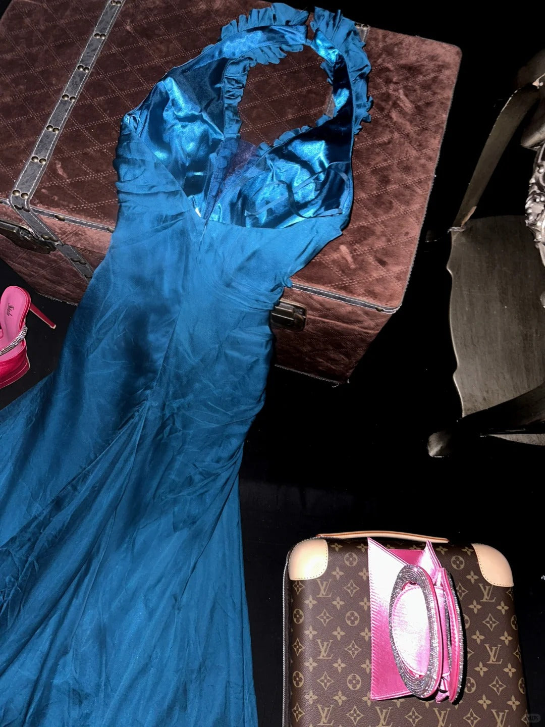 A Line Vintage Blue Halter Long Prom Party Dresses Unique Evening Dress cg26069